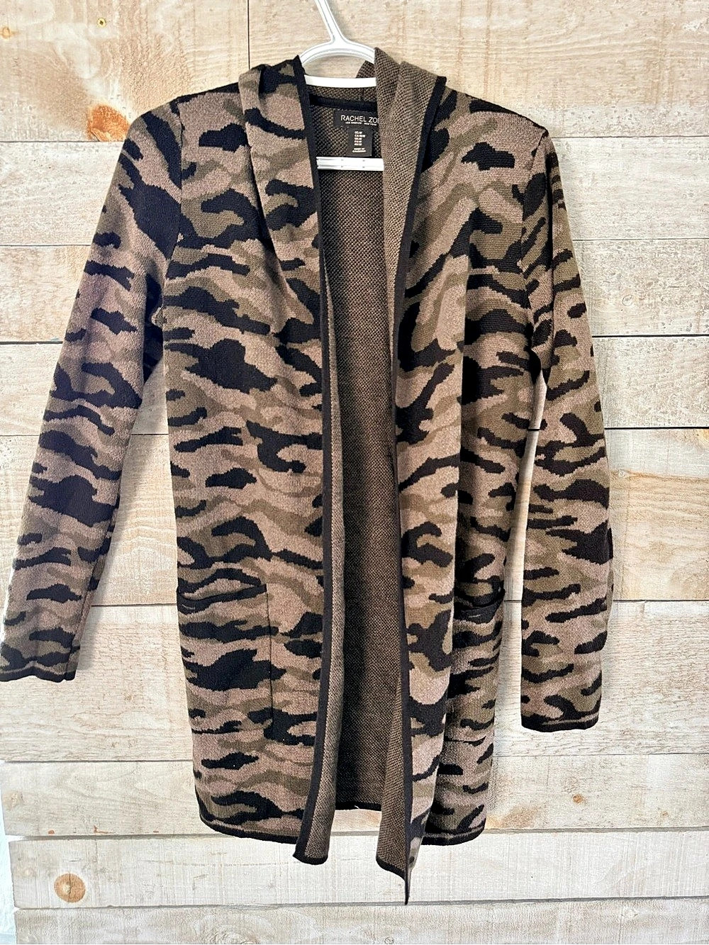 Rachel Zoe Camo Hooded Cardigan Olive & Black Size Medium